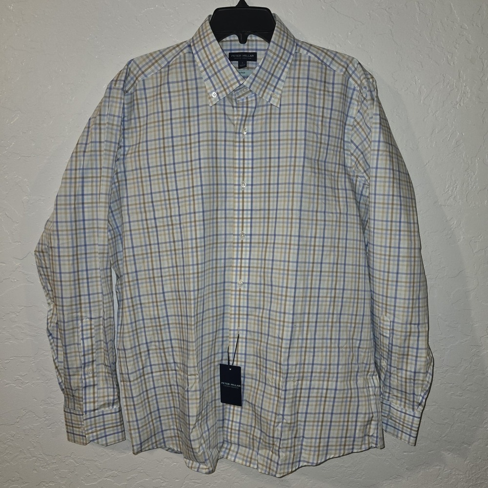 NEW Peter Millar Crown Crafted‎ Cotton Flex Finish Gingham Plaid Sport Shirt L